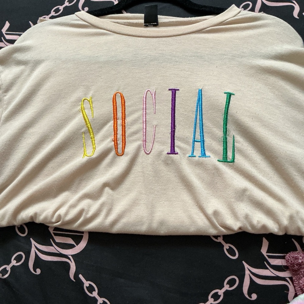 Cream "SOCIAL" Embroidered Tee